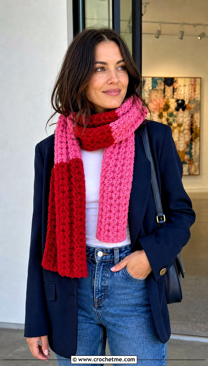 Color Block Super Chunky Crochet Scarf With Blazer And Jeans - 25 Super Chunky Crochet Scarf outfit ideas