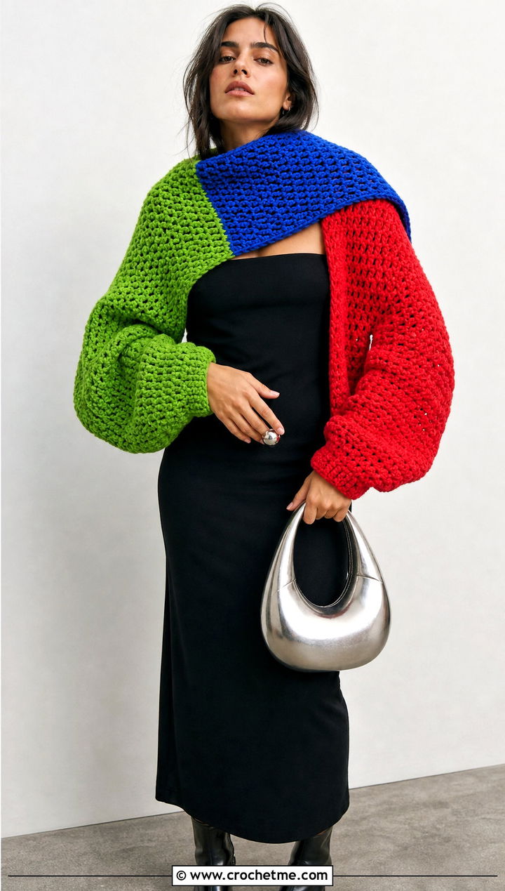 Color Block Sweater Scarf With Black Column Dress - 15 Crocheted Sweater Scarf With Sleeves outfit ideas