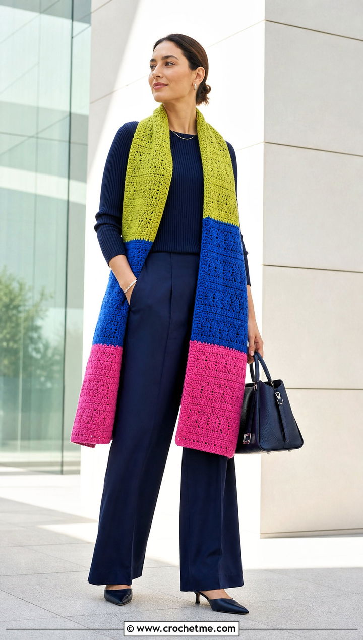 Color Block Tapestry Crochet Scarf With Monochrome Outfit - 35 tapestry crochet scarf outfit ideas