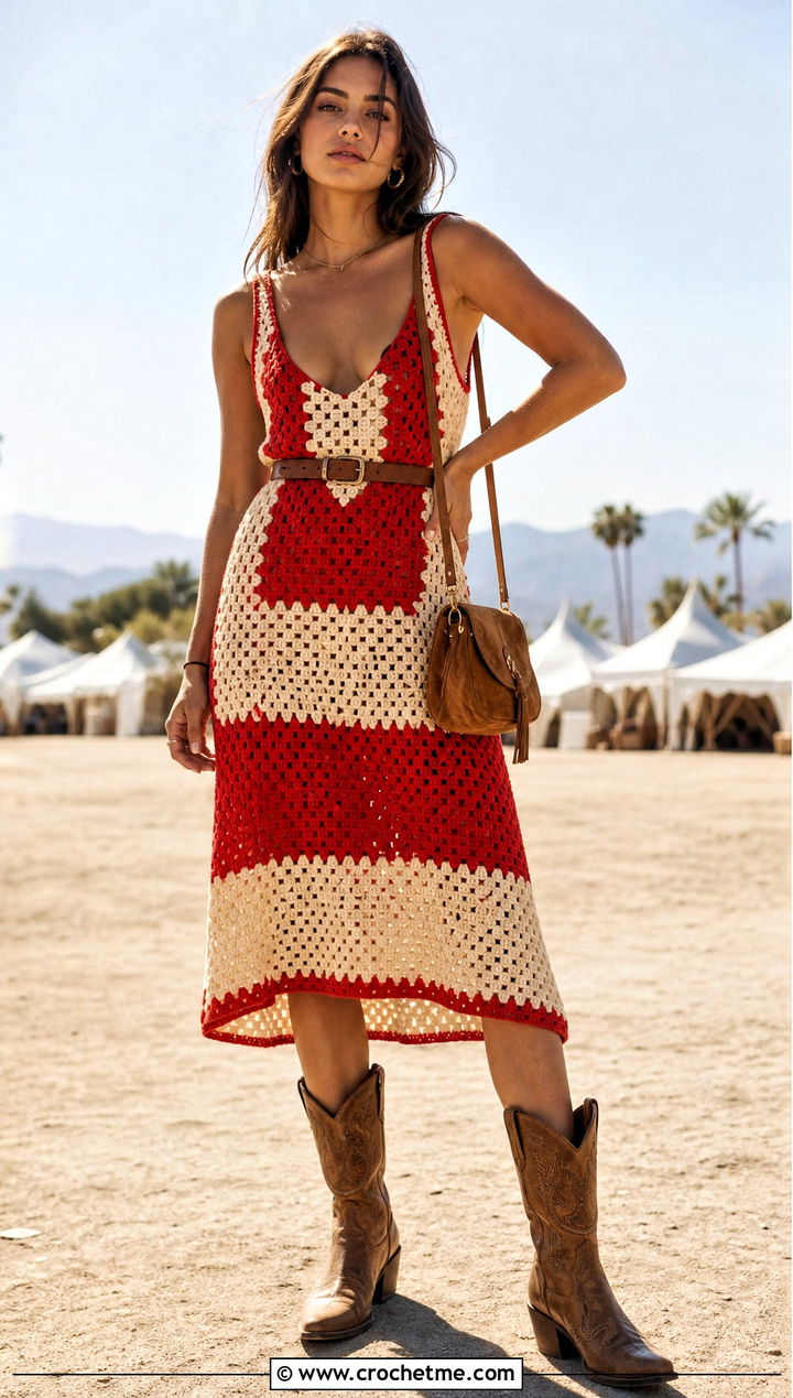 Color Block Taylor Crochet Dress With Western Boots - 30 Taylor Crochet Dress outfit ideas
