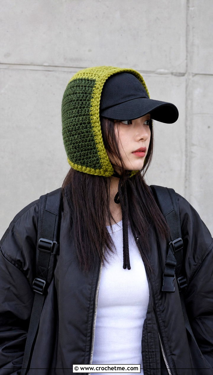 Color Block Thermal Baseball Cap Ear Warmer With Cargo Pants - 20 crochet baseball cap ear warmer outfit ideas