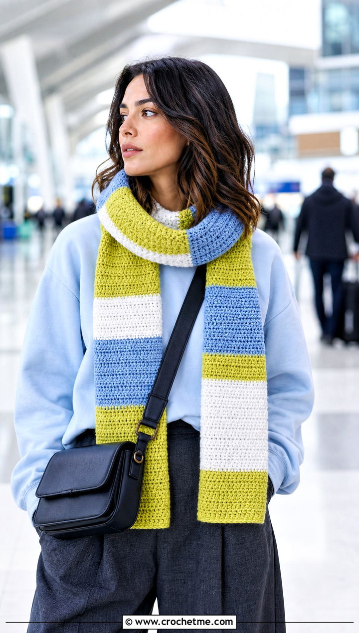 Color Block Thermal Stitch Crochet Scarf With Sweatshirt And Trousers - 20 Thermal Stitch Crochet Scarf outfit ideas