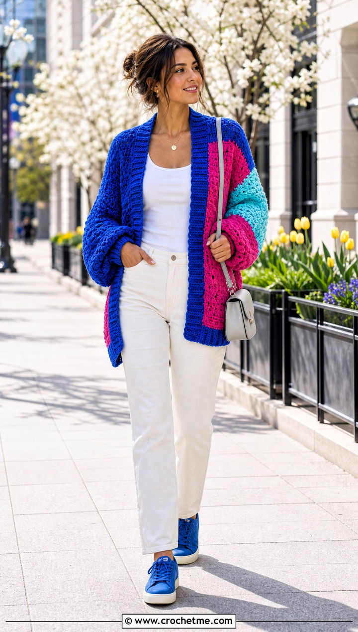 Color Block Thick Yarn Crochet Cardigan With White Denim - 25 Thick Yarn Crochet Cardigan outfit ideas