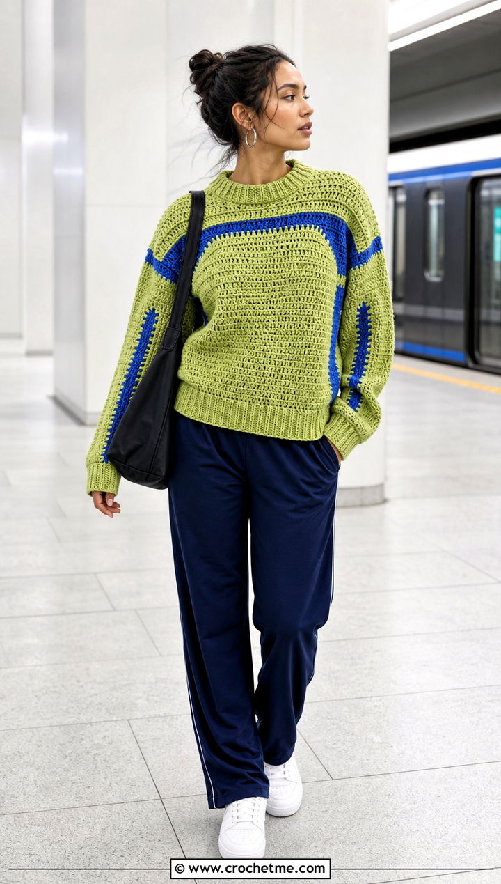 Color Block Thick Yarn Crochet Sweater With Track Pants - 25 thick yarn crochet sweater outfit ideas