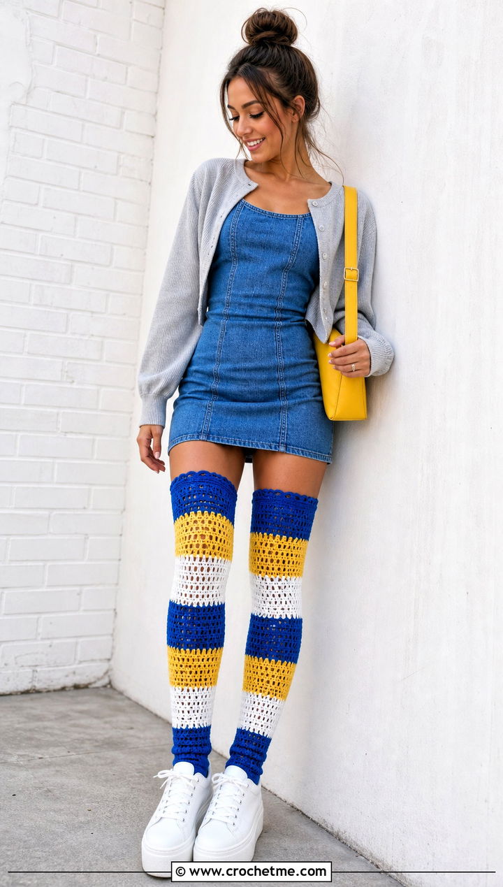 Color Block Thigh High Crochet Socks With Denim Dress - 35 thigh high crochet socks outfit ideas