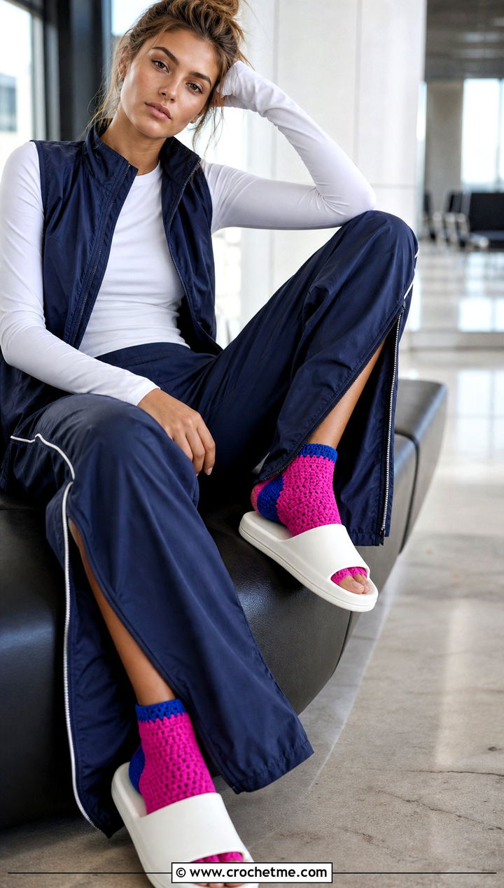 Color Block Toeless Crochet Socks With Track Pants - 20 Toeless Crochet Socks outfit ideas