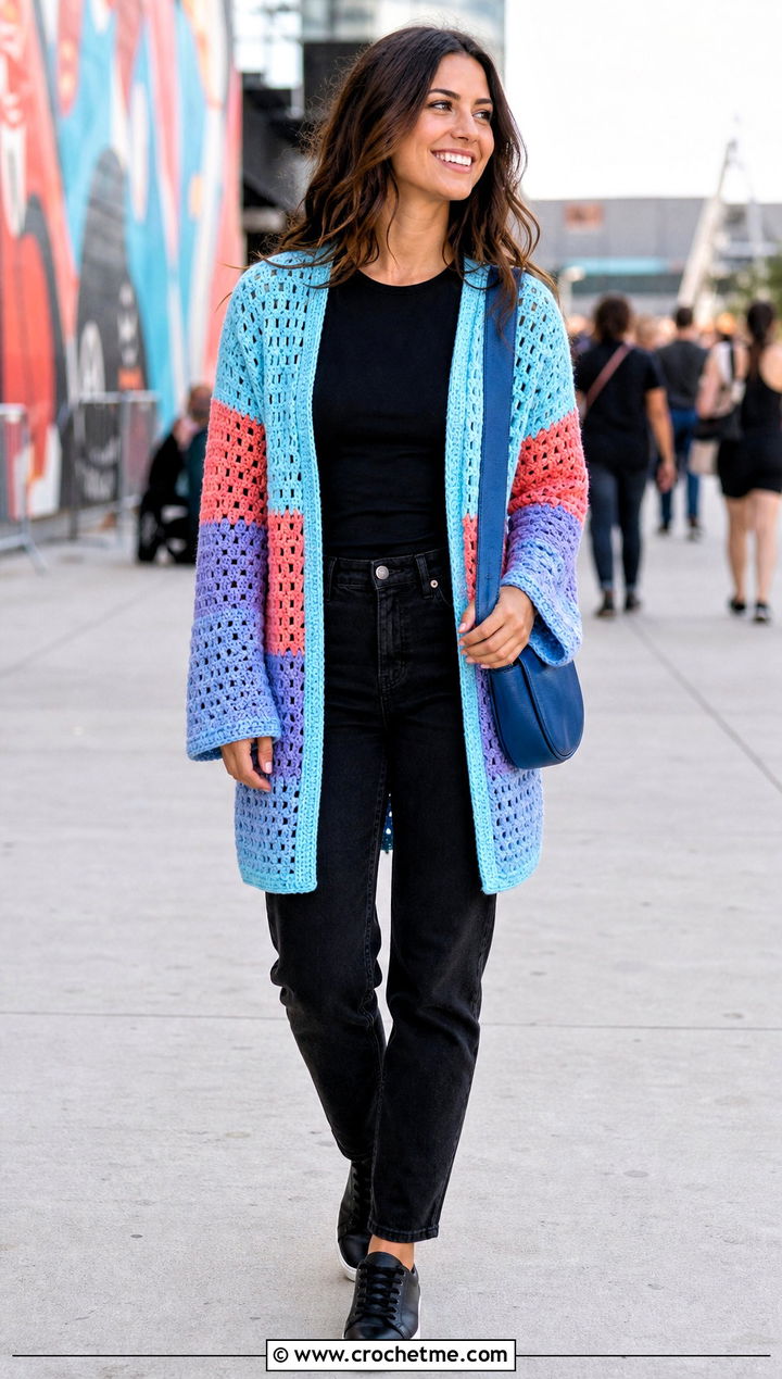 Color Block Top Down Crochet Cardigan With Black Jeans - 30 top down crochet cardigan outfit ideas