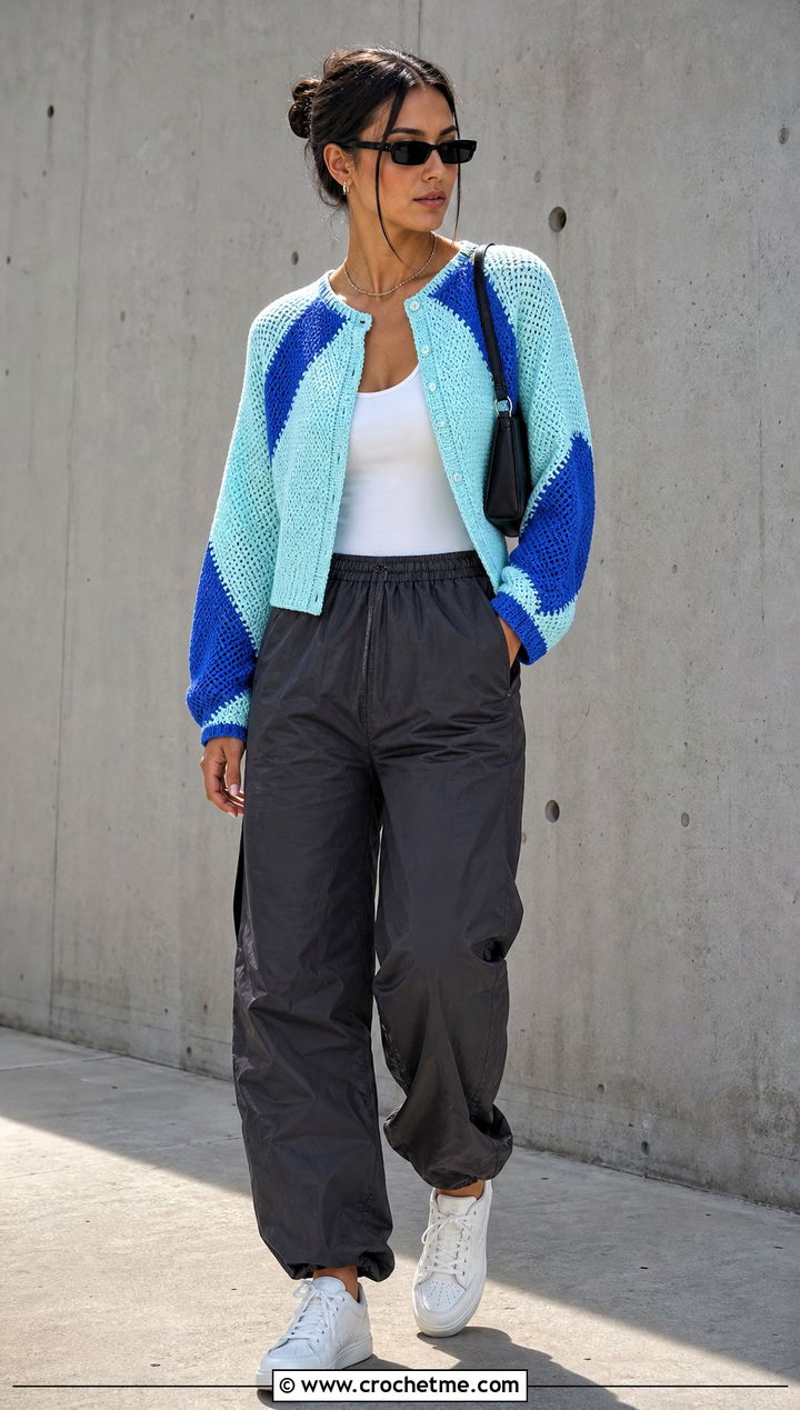 Color Block Top Down Crochet Raglan Cardigan With Parachute Pants - 25 top down crochet raglan cardigan outfit ideas