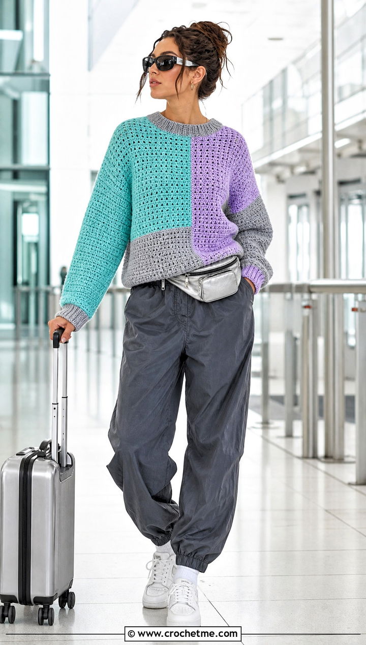 Color Block Top Down Crochet Sweater With Parachute Pants - 15 Easy Top Down Crochet Sweater outfit ideas