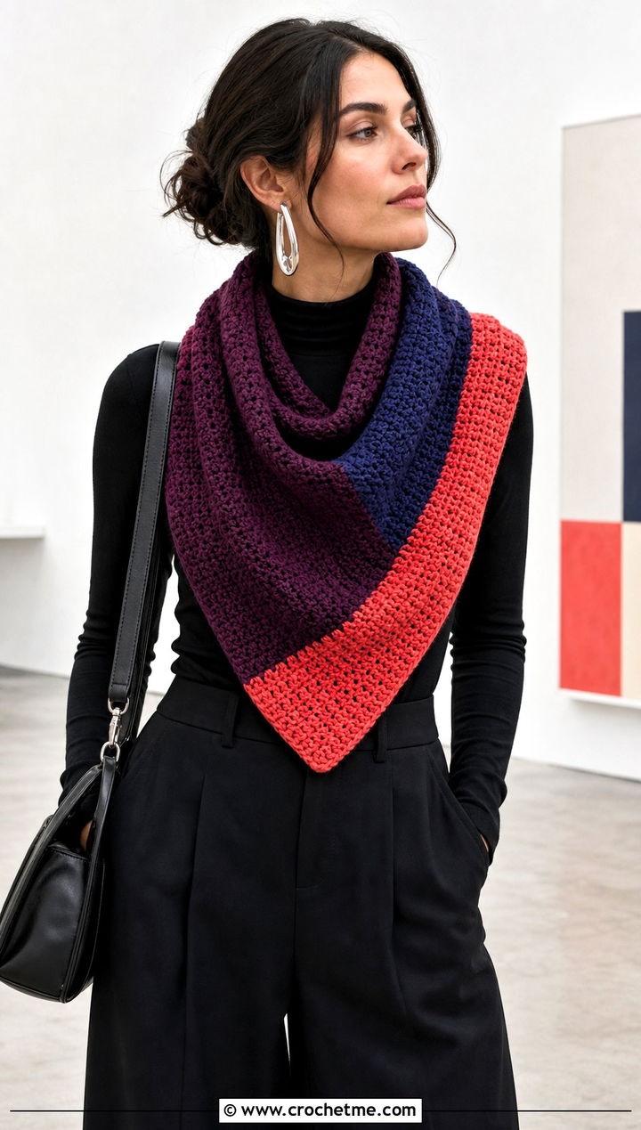Color Block Triangle Cowl With Monochrome Outfit - 30 crochet triangle cowl outfit ideas