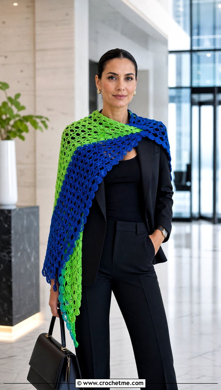 Color Block Triangle Crochet Shawl With Black Pantsuit - 35 triangle crochet shawl outfit ideas