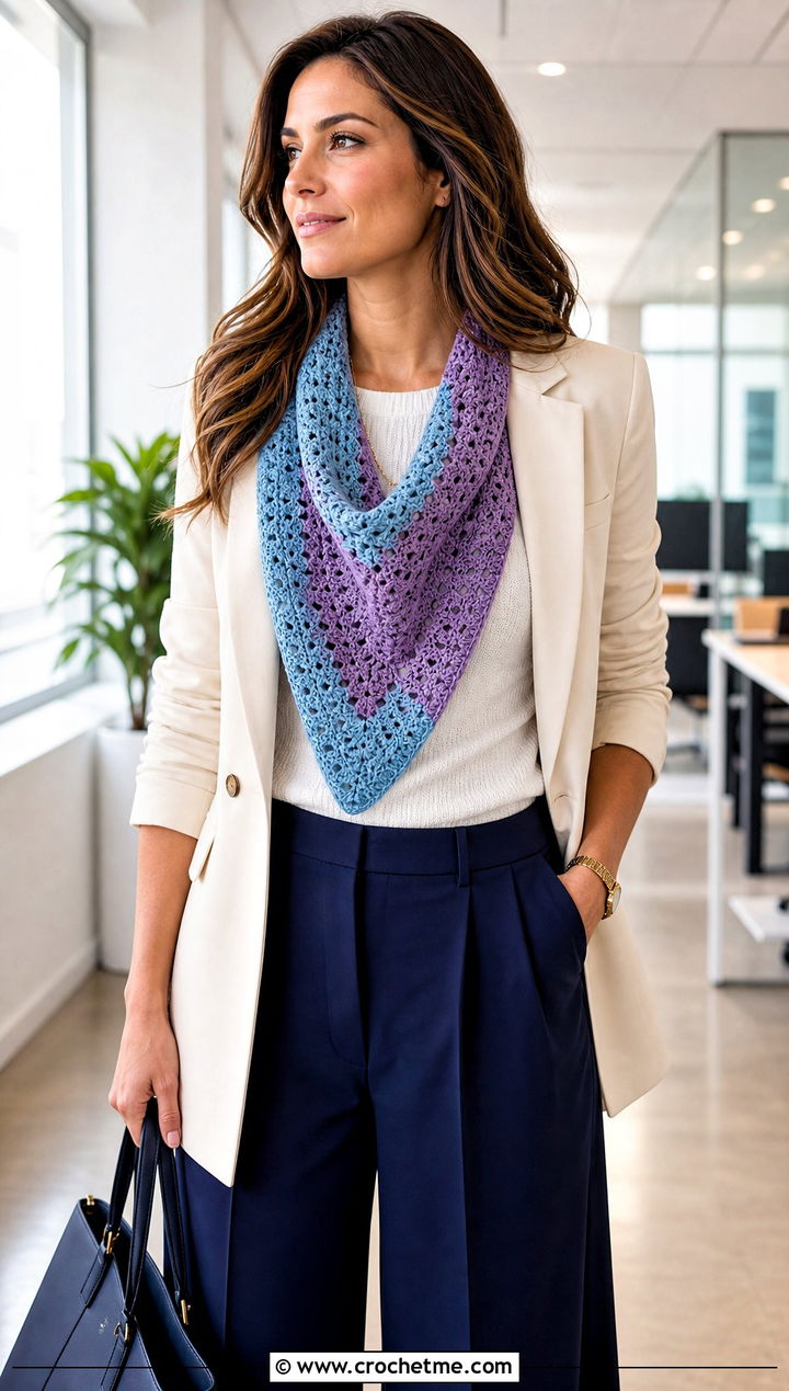 Color Block Triangle Crochet Shawl With Blazer And Wide Leg Pants - 30 easy triangle crochet shawl outfit ideas