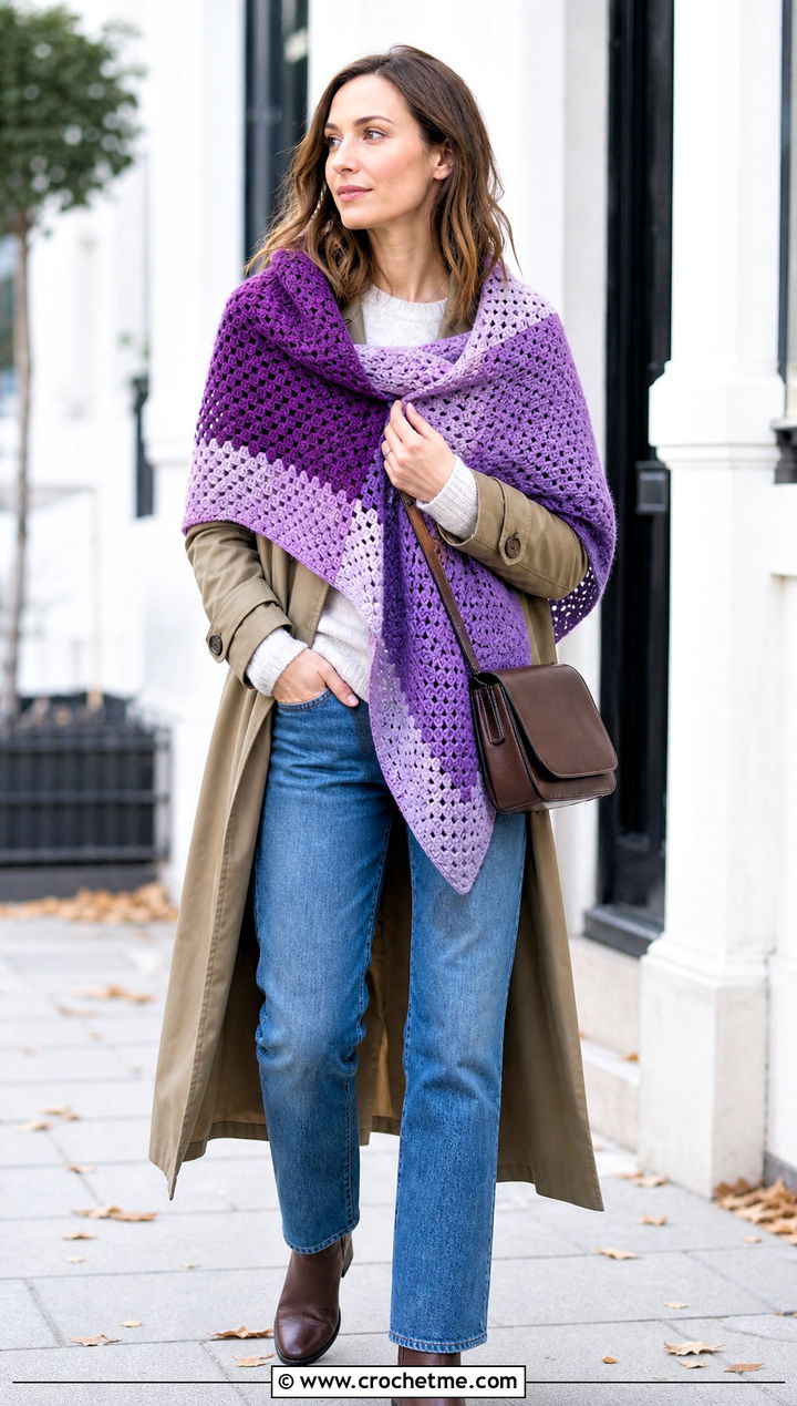 Color Block Triangle Crochet Shawl With Trench Coat - 25 triangle crochet shawls outfit ideas