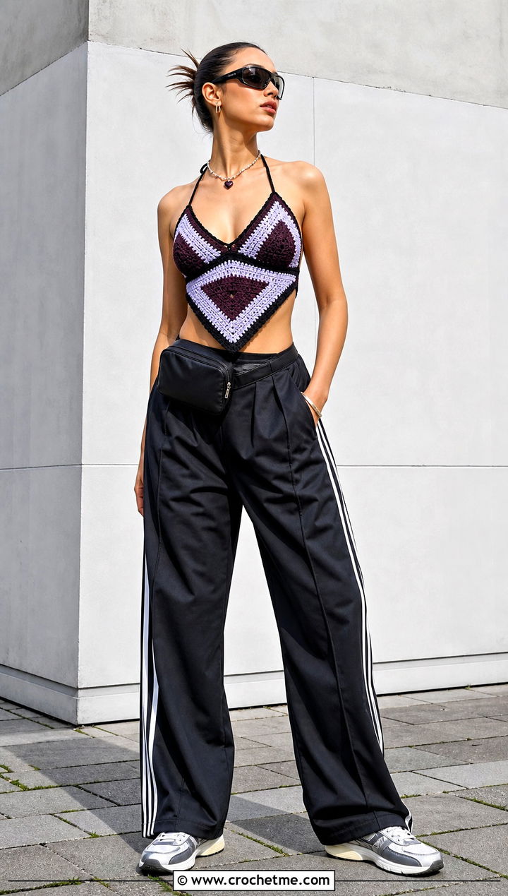 Color Block Triangle Crochet Top With Track Pants - 25 Triangle Crochet Top outfit ideas
