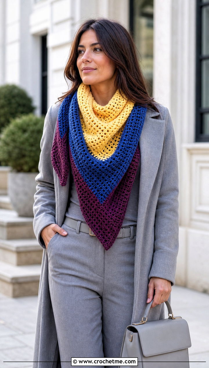 Color Block Triangle Scarf With Monochrome Outfit - 25 Crocheted Triangle Scarf outfit ideas