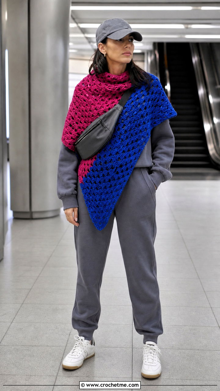 Color Block Triangle Shawl With Tracksuit - 35 crochet triangle shawl outfit ideas
