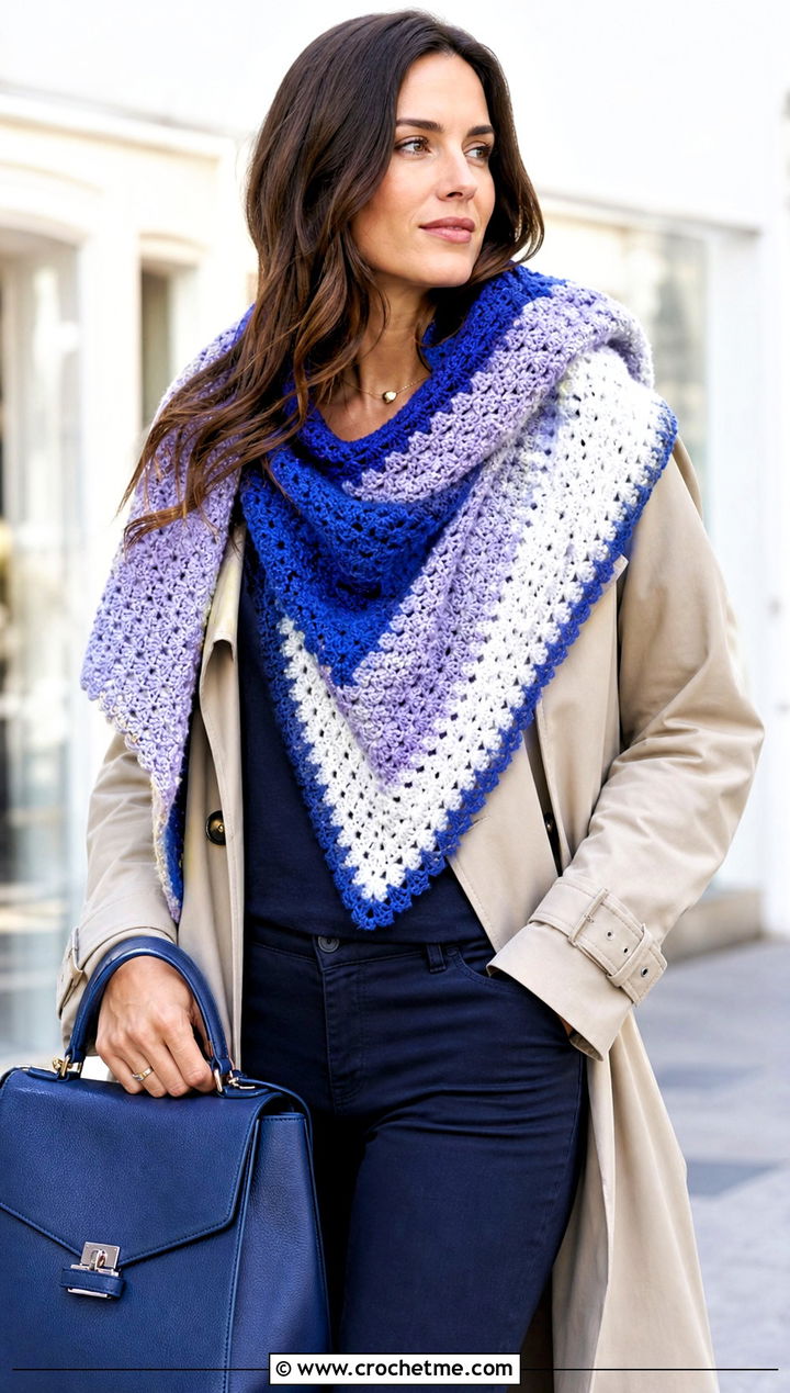 Color Block Triangle Shawl With Trench Coat - 30 easy crochet triangle shawl outfit ideas
