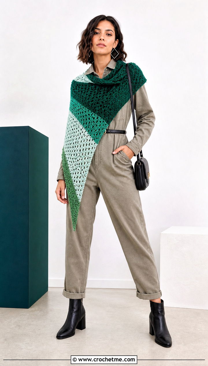Color Block Triangle Shawl With Utility Jumpsuit - 35 Easy Simple Crochet Triangle Shawl outfit ideas