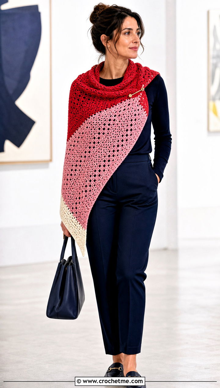 Color Block Triangular Crochet Shawl With Monochrome Outfit - 25 triangular crochet shawl outfit ideas