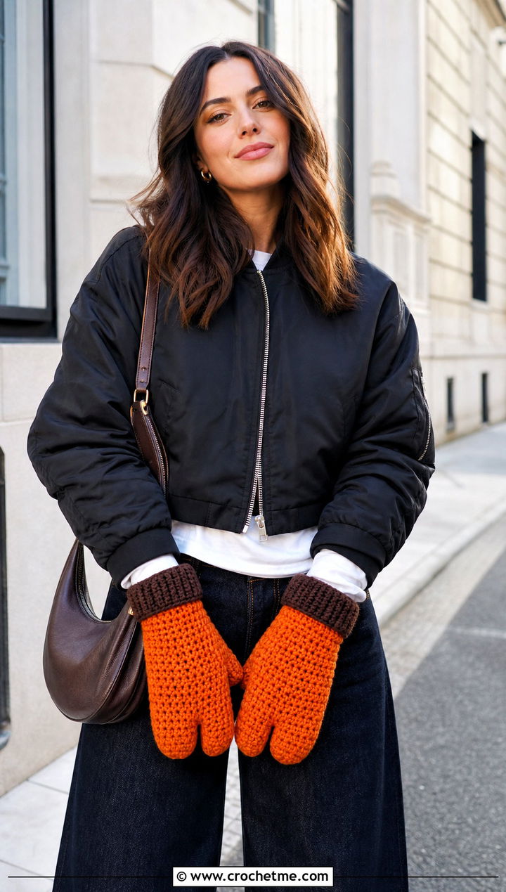 Color Block Trigger Tabi Crochet Mittens With Bomber Jacket And Wide Leg Jeans - 25 Tabi Crochet Mittens outfit ideas