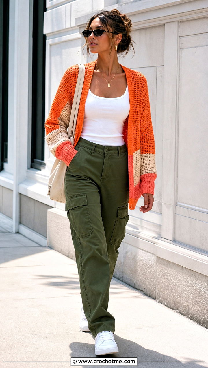 Color Block Tunisian Cardigan With Cargo Pants - 35 tunisian crochet cardigan outfit ideas