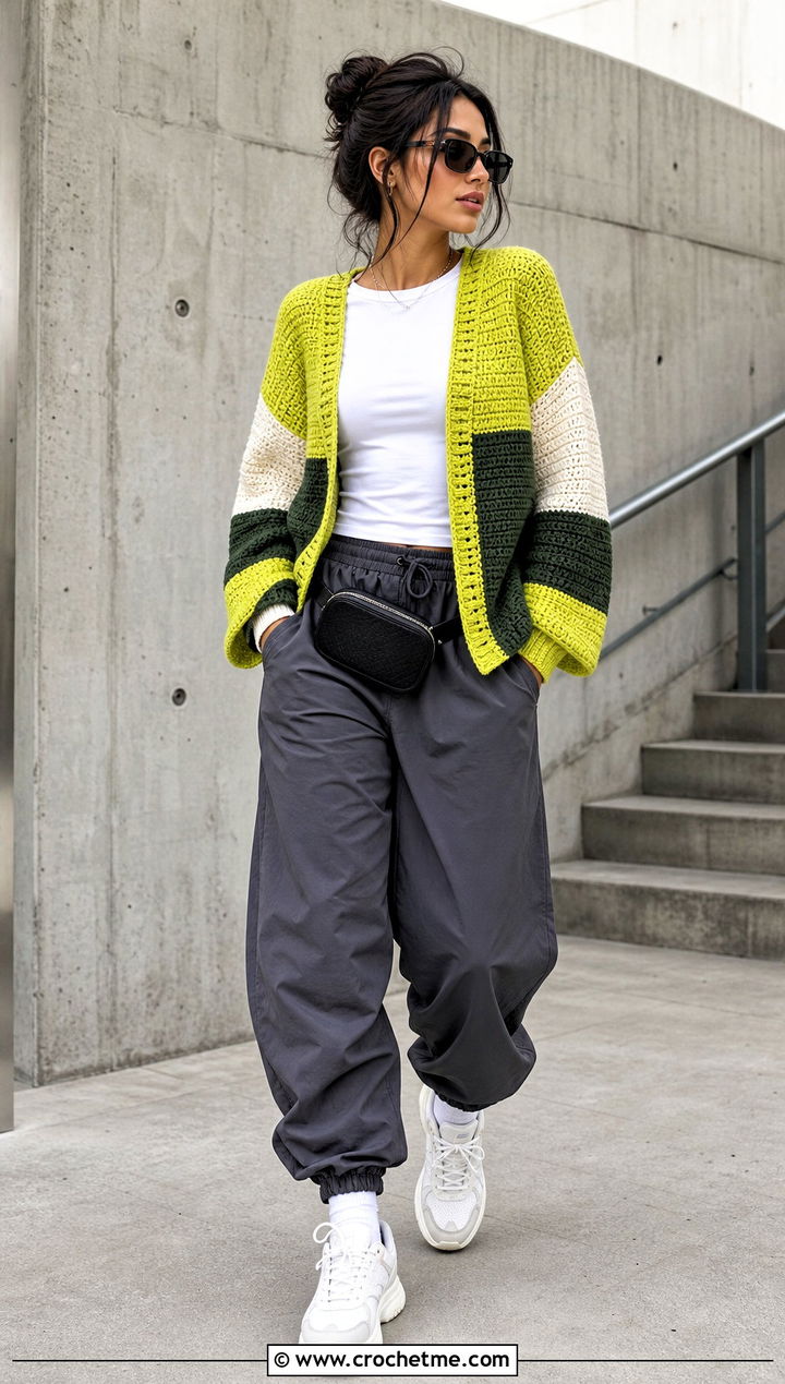 Color Block Tunisian Cardigan With Parachute Pants - 20 Crochet Tunisian Cardigan outfit ideas