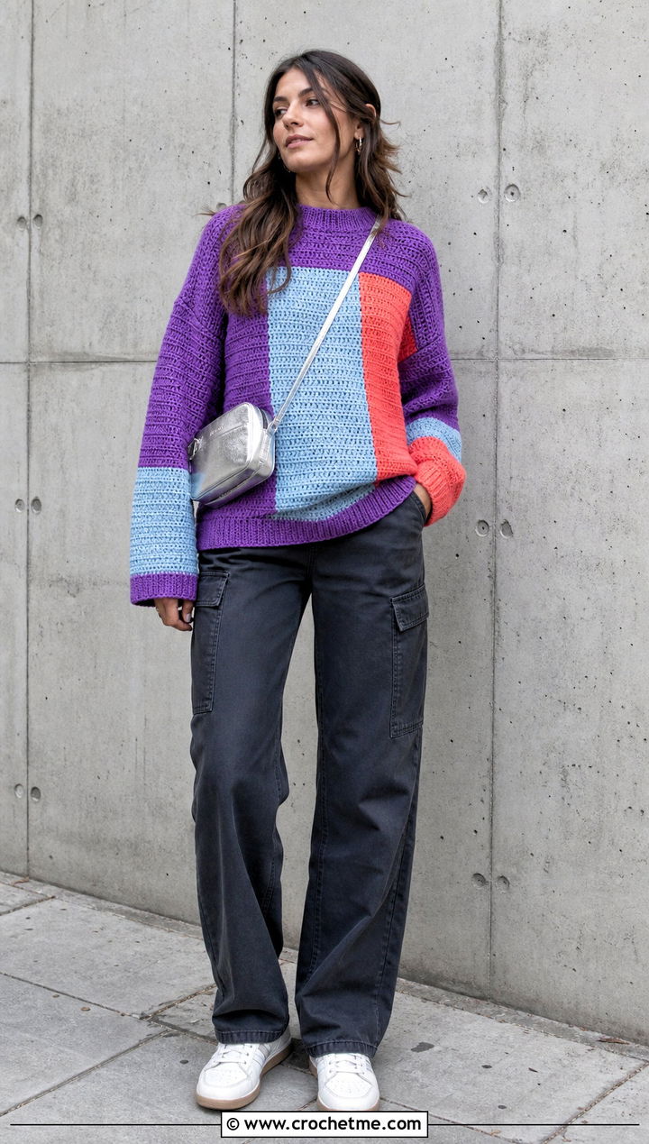Color Block Tunisian Crochet Jumper With Cargo Pants - 30 tunisian crochet jumper outfit ideas
