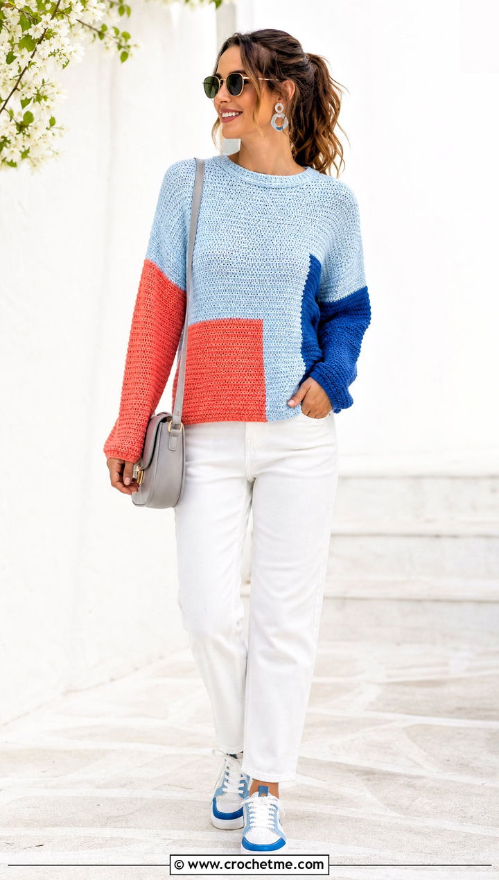 Color Block Tunisian Crochet Pullover With White Jeans - 25 Tunisian Crochet Pullover outfit ideas