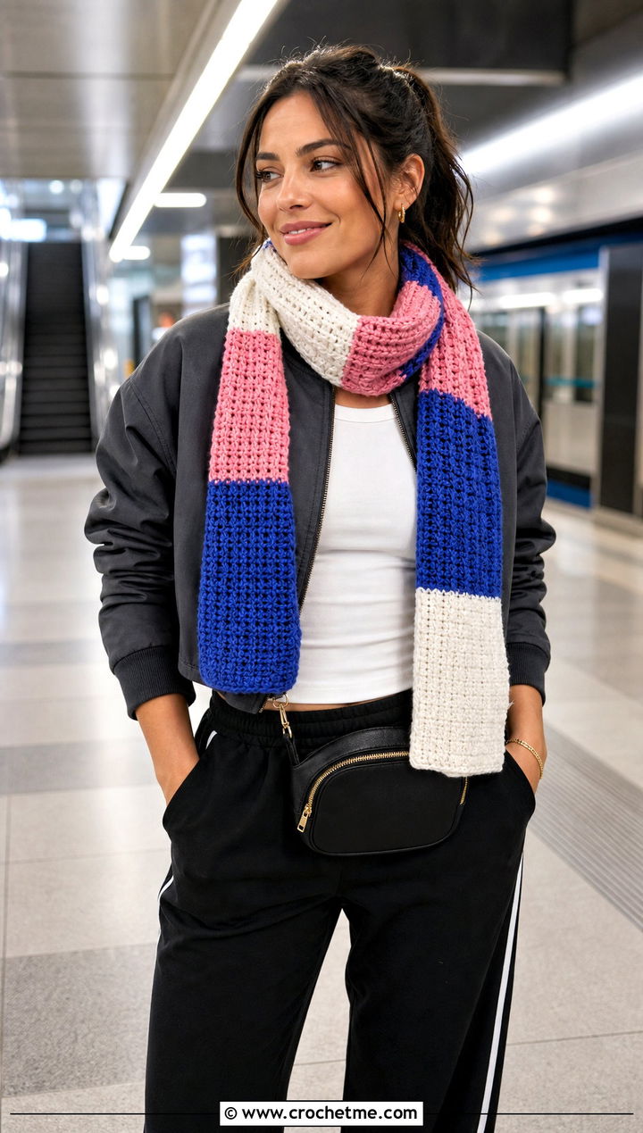 Color Block Tunisian Crochet Scarf With Bomber Jacket and Track Pants - 20 Easy Tunisian Crochet Scarf outfit ideas