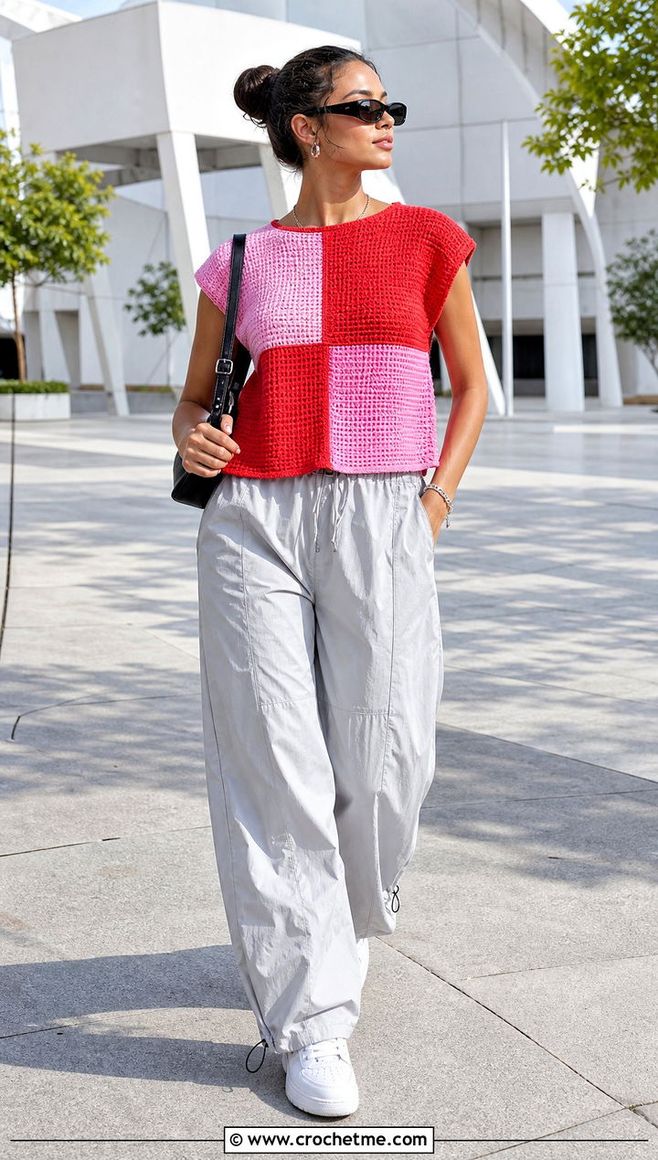 Color Block Tunisian Crochet Top With Parachute Pants - 30 tunisian crochet top outfit ideas
