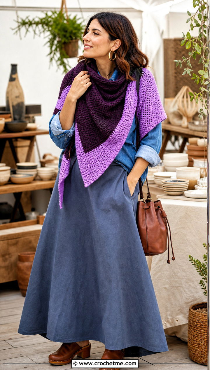 Color Block Tunisian Crochet Triangle Shawl With Denim Shirt - 25 Tunisian Crochet Triangle Shawl outfit ideas