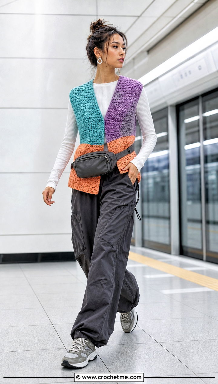 Color Block Tunisian Crochet Vest With Parachute Pants - 20 Tunisian Crochet Vest outfit ideas