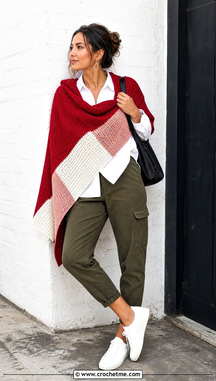 Color Block Tunisian Crochet Wrap With Cargo Pants - 25 Tunisian Crochet Wrap outfit ideas