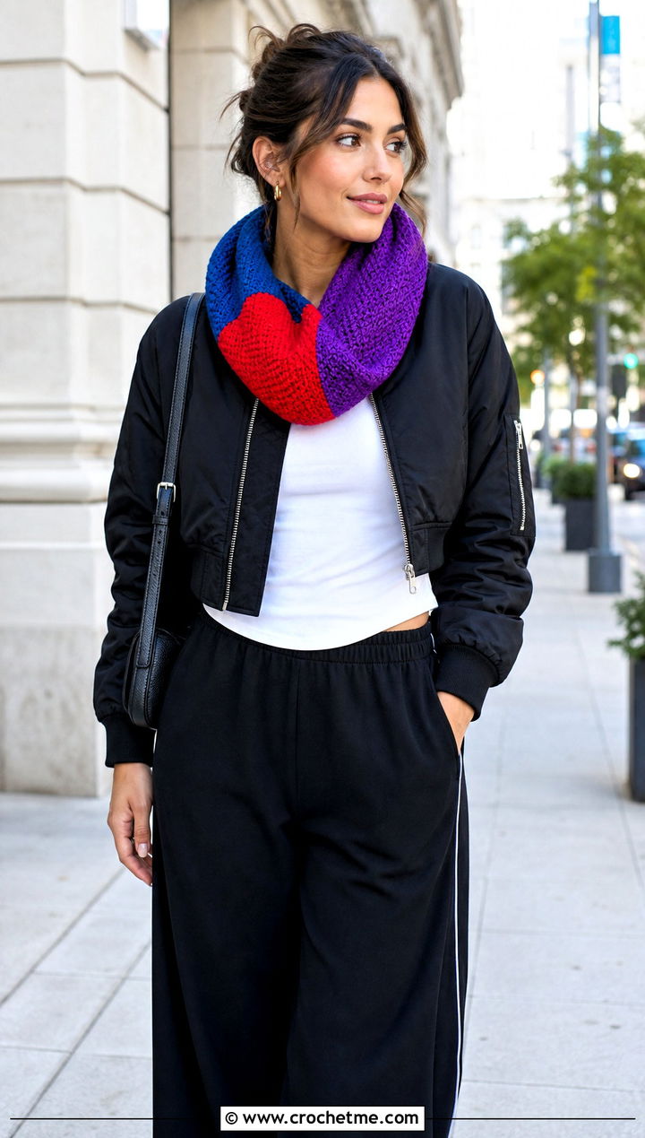 Color Block Tunisian Infinity Scarf With Bomber Jacket And Track Pants - 15 Tunisian Crochet Infinity Scarf outfit ideas