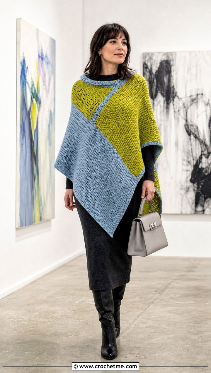 Color Block Tunisian Poncho With A Column Dress - 30 tunisian crochet poncho outfit ideas