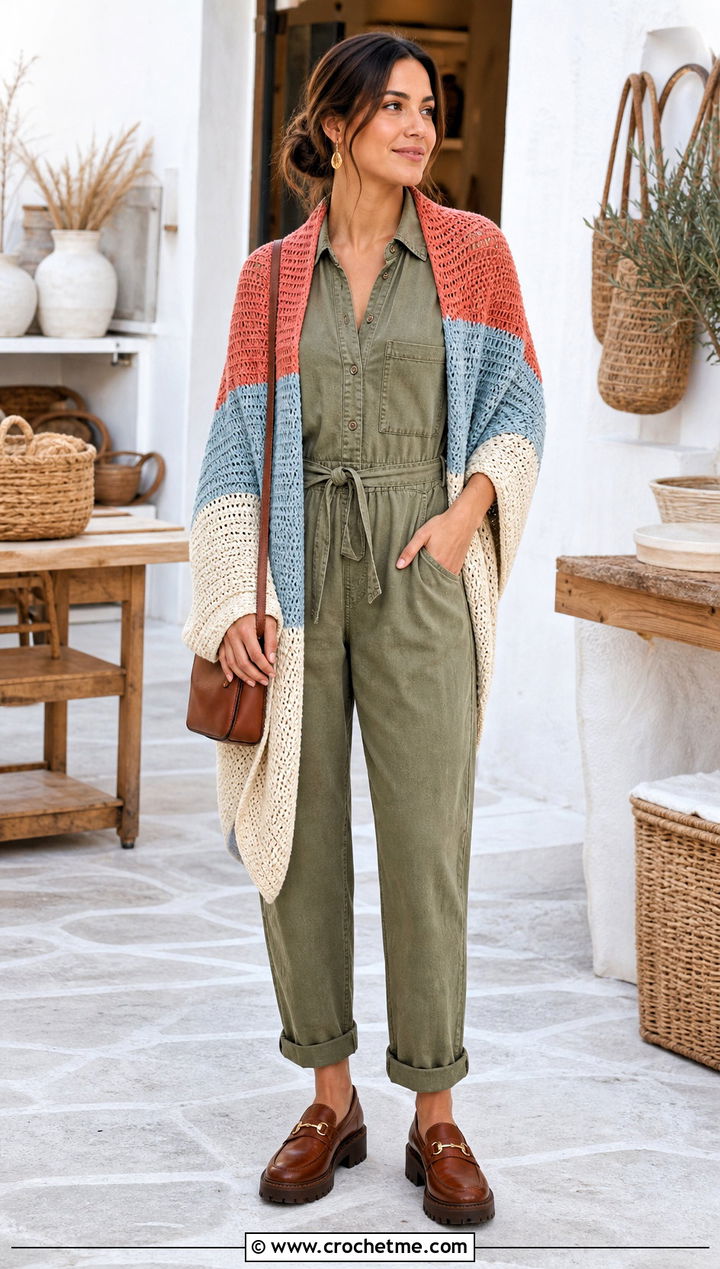 Color Block Tunisian Shawl With Utility Jumpsuit - 35 tunisian crochet shawl outfit ideas