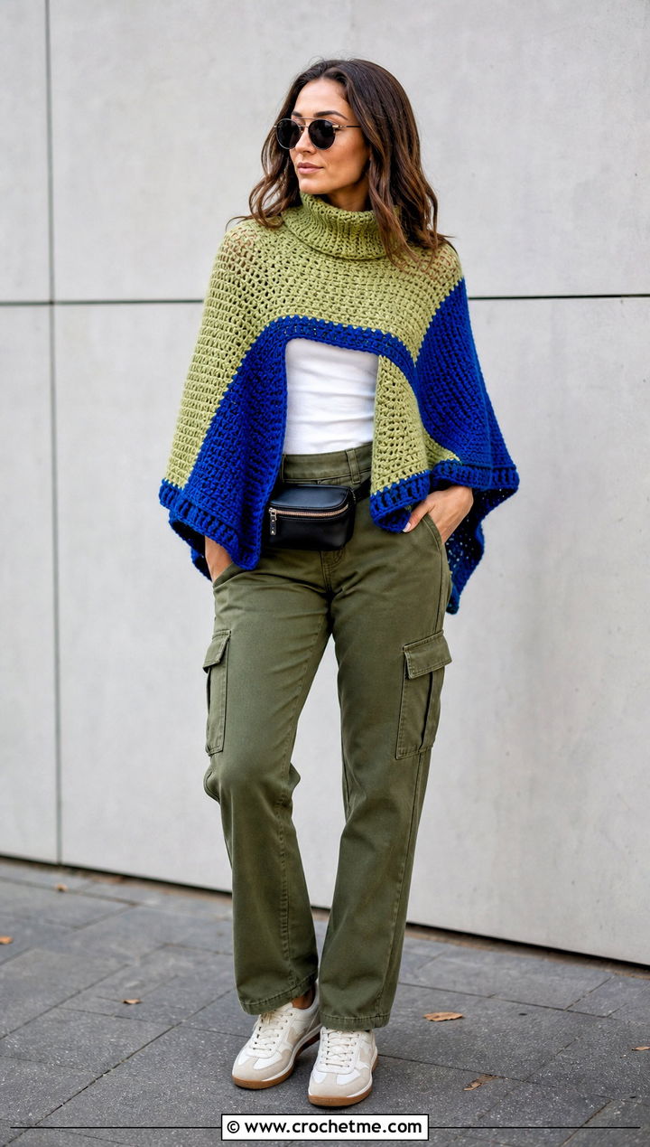 Color Block Turtle Neck Crochet Poncho With Cargo Pants - 25 Turtle Neck Crochet Poncho outfit ideas