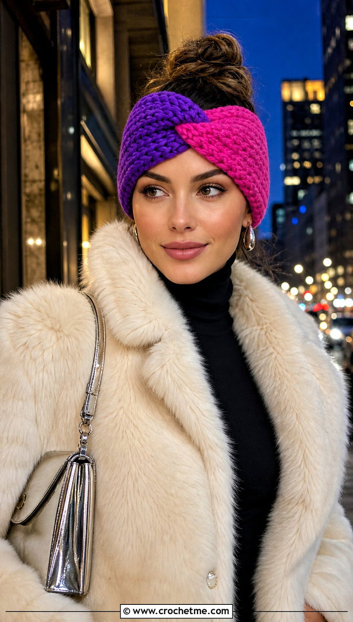 Color Block Twist Crochet Ear Warmer With Faux Fur Coat - 25 twist crochet ear warmer outfit ideas