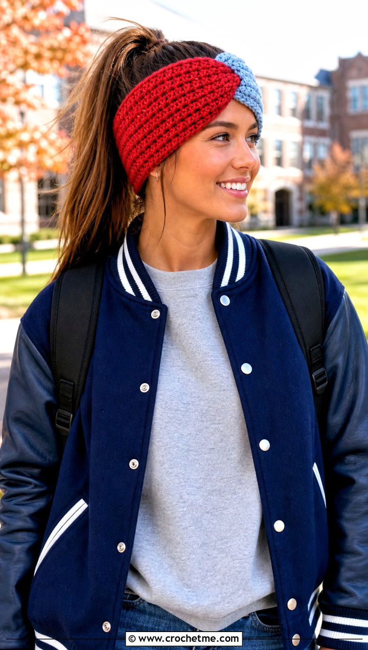 Color Block Twist Ear Warmer With Varsity Jacket - 25 Crochet Twist Ear Warmer outfit ideas