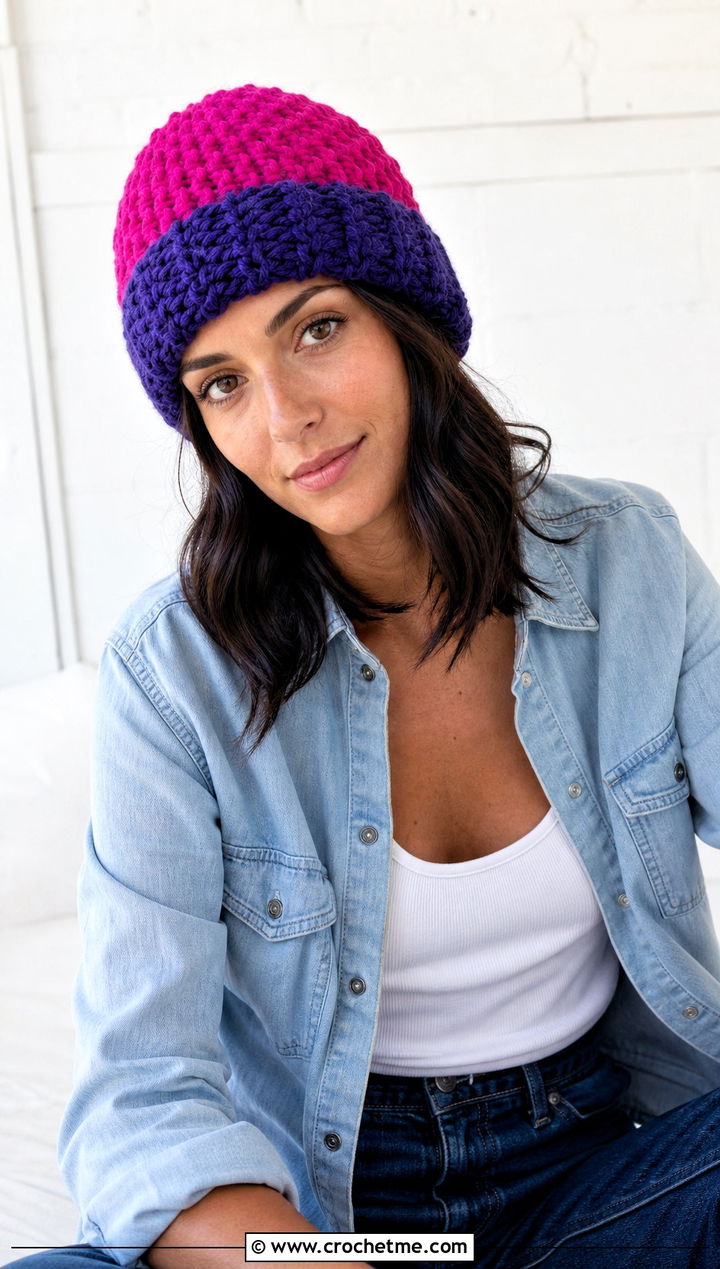 Color Block Two Color Crochet Beanie With Double Denim - 30 2 color crochet beanie hat outfit ideas