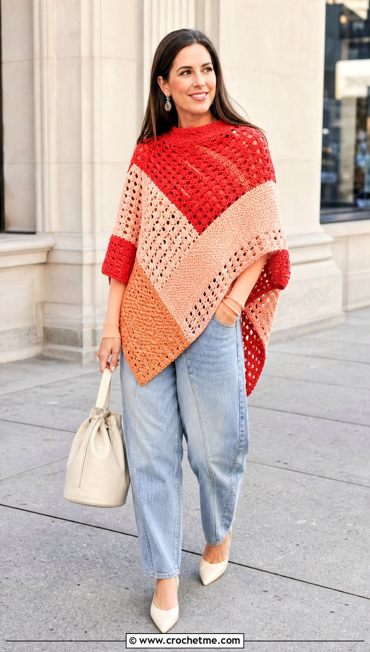 Color Block Uptown Crochet Poncho With Barrel Jeans - 15 Uptown Crochet Poncho outfit ideas