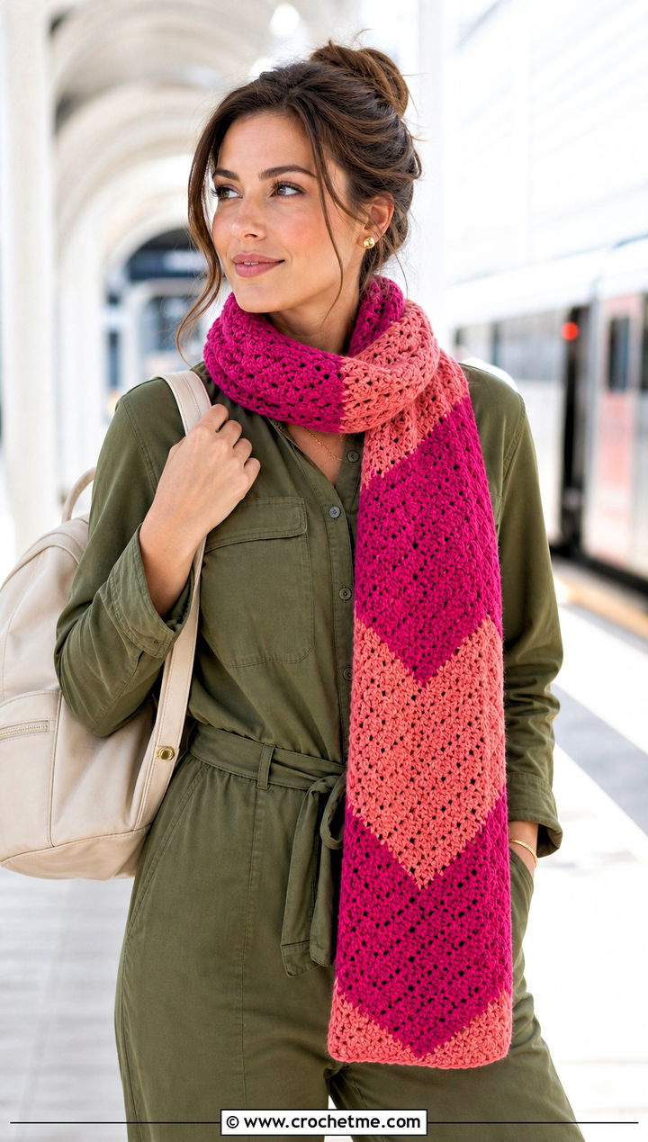 Color Block V Stitch Crochet Scarf With Utility Jumpsuit - 25 v stitch crochet scarf outfit ideas