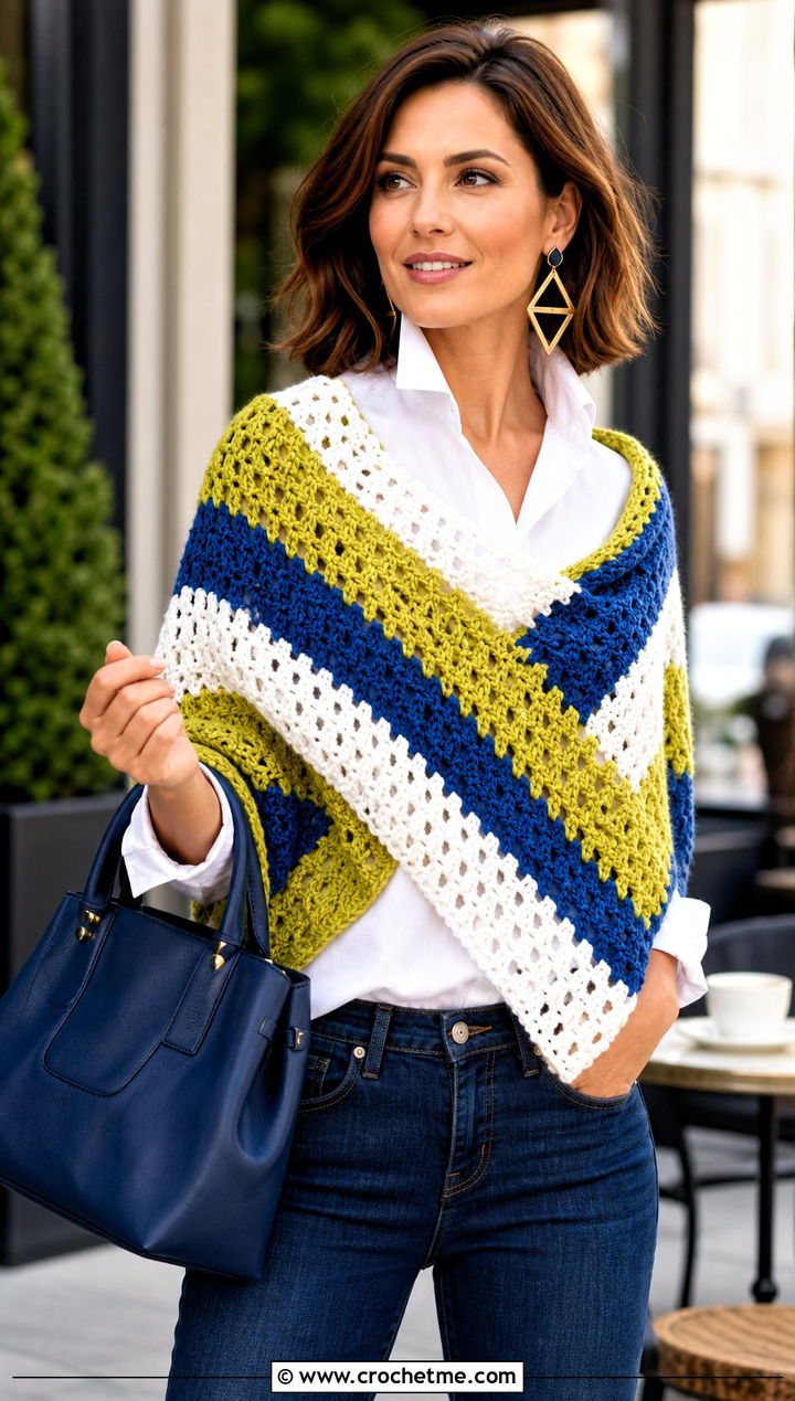 Color Block V Stitch Crochet Shawl With White Shirt - 25 V Stitch Crochet Shawl outfit ideas