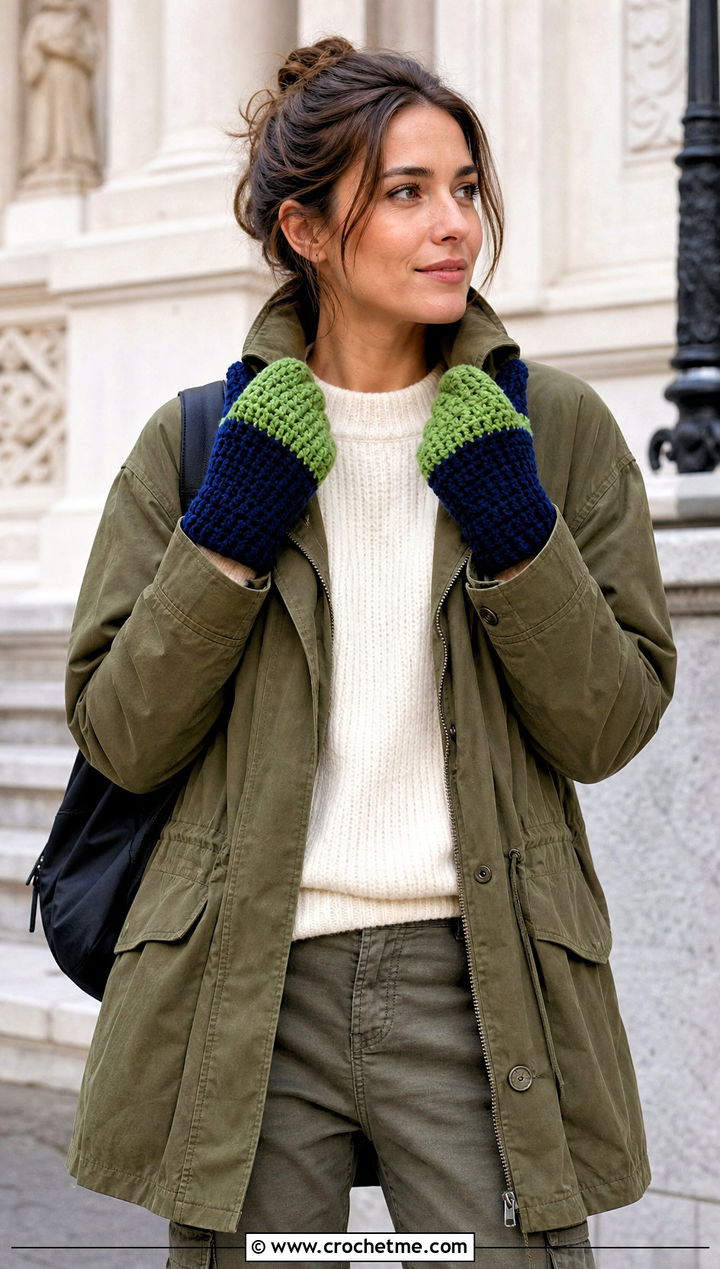 Color Block Velvet Crochet Mittens With Utility Jacket - 20 velvet crochet mittens outfit ideas