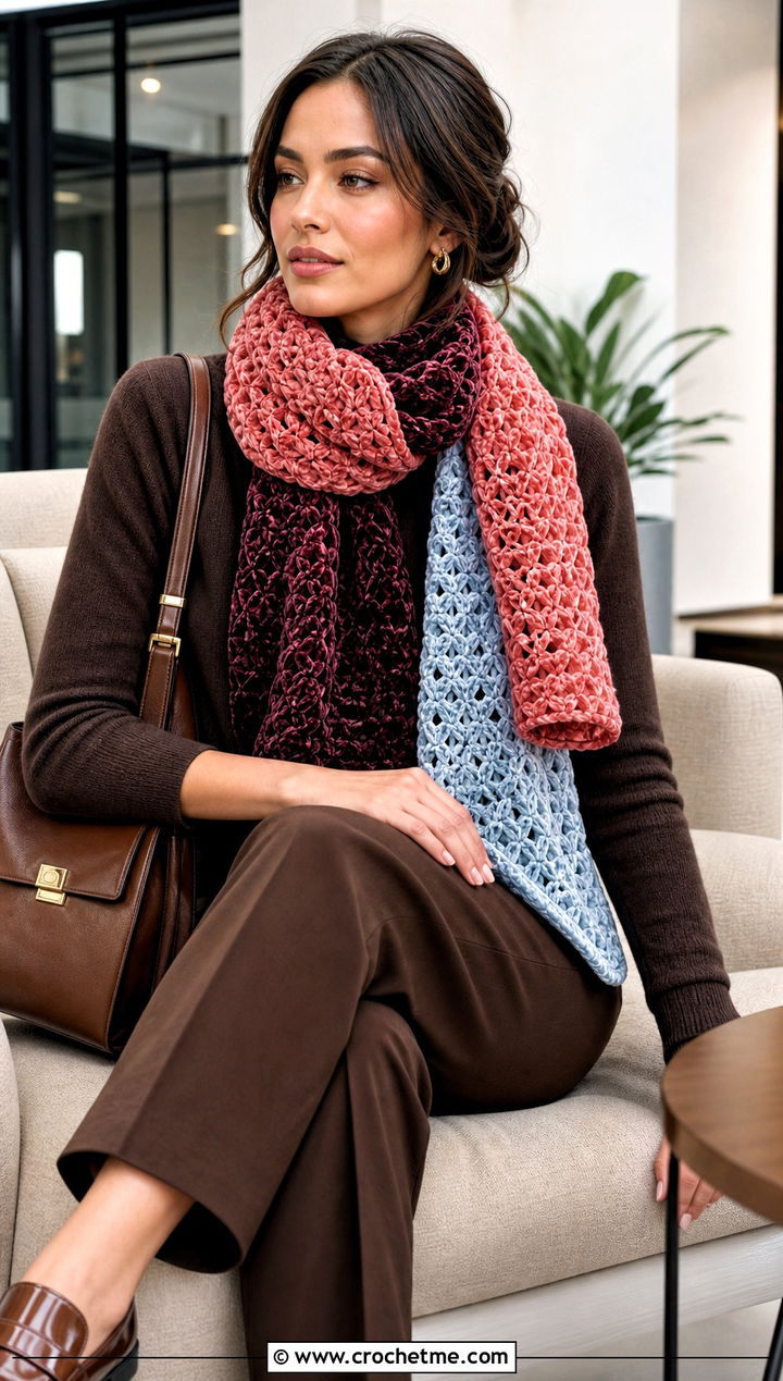 Color Block Velvet Crochet Scarf With Monochrome Outfit - 25 Velvet Crochet Scarf outfit ideas