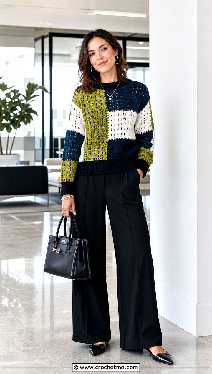 Color Block Velvet Crochet Sweater With Black Trousers - 30 velvet crochet sweater outfit ideas