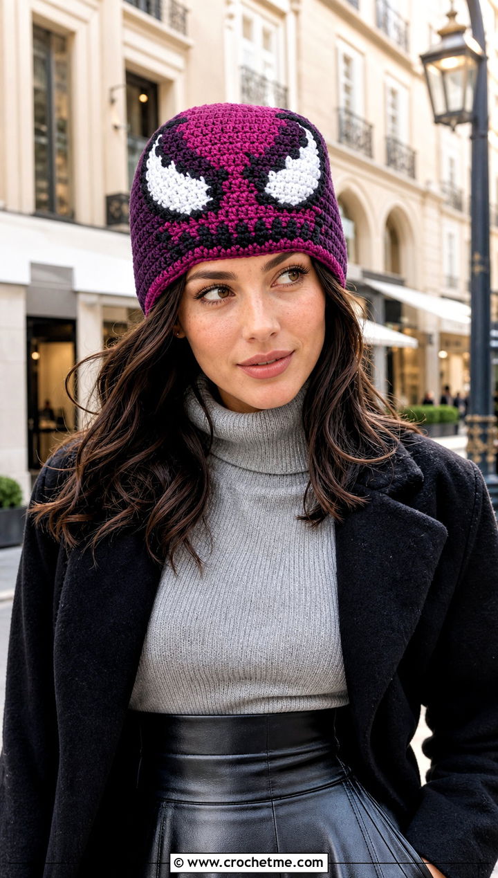 Color Block Venom Crochet Beanie With Leather Skirt - 25 venom crochet beanie outfit ideas