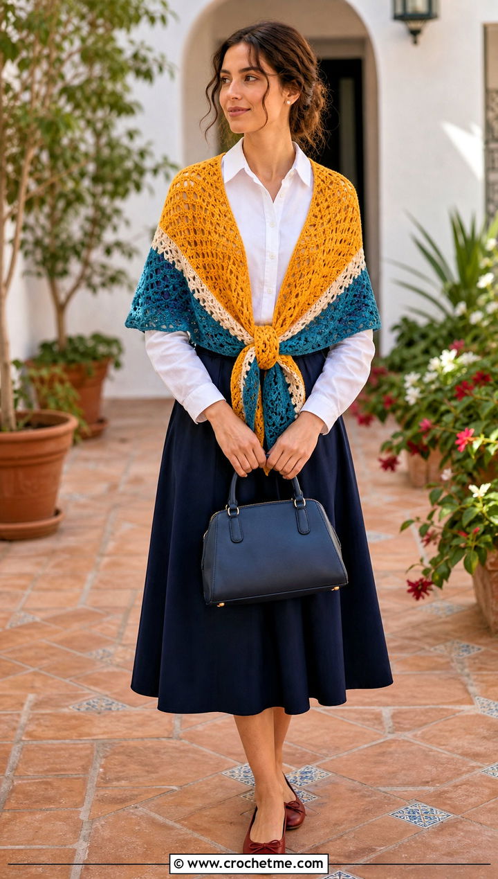 Color Block Virus Shawl With Midi Skirt - 35 crochet virus shawl outfit ideas