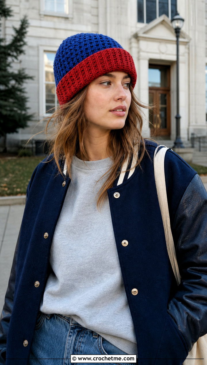 Color Block Waffle Crochet Beanie With Varsity Jacket - 20 waffle crochet beanie outfit ideas