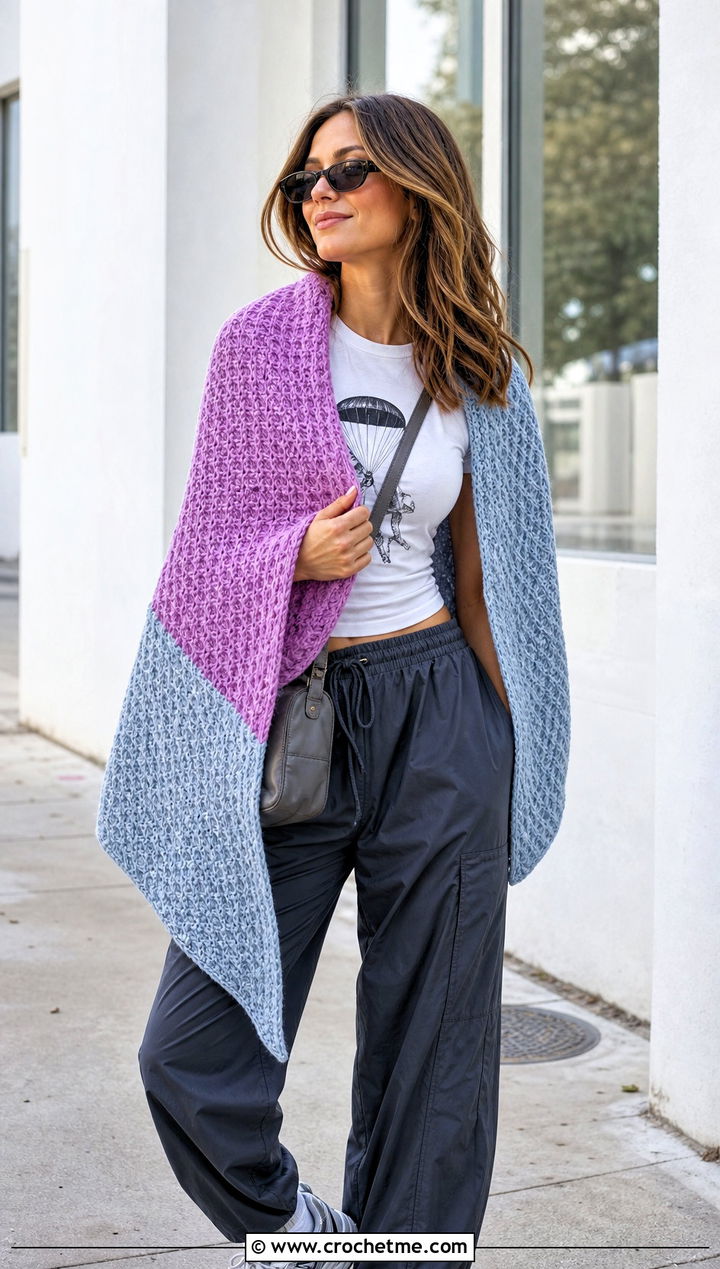 Color Block Waffle Shawl With Parachute Pants - 15 Waffle Crochet Shawl outfit ideas